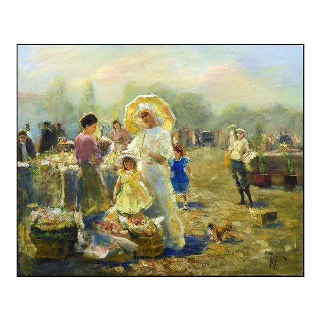 Vladimir Muhin "Flower Market" Original Oil Painting on Stretched Canvas Hand Signed For Sale