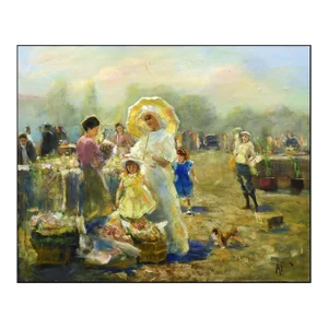 Vladimir Muhin "Flower Market" Original Oil Painting on Stretched Canvas Hand Signed