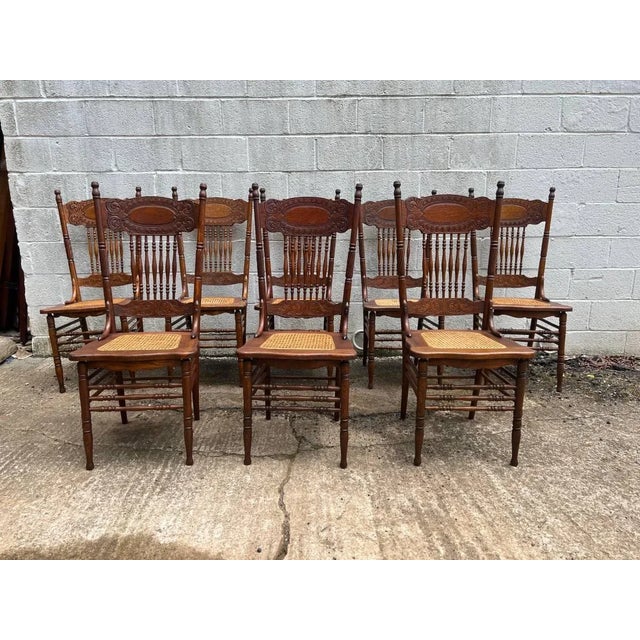 Early 20th Century Set of 8 Antique Oak Press Back Cane Seat Dining Chairs For Sale - Image 11 of 13