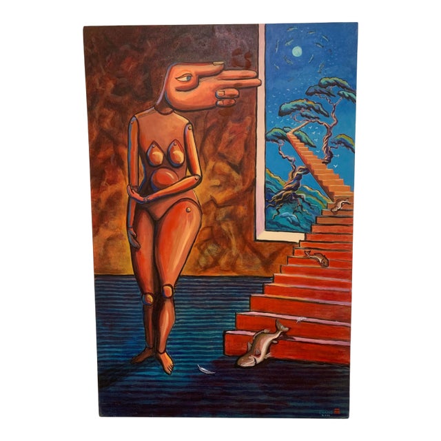 "In Search of the Moon" Contemporary Surrealist Figurative Acrylic Painting by Thom Evans For Sale