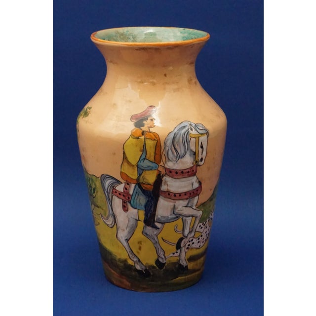 Glazed and vitrified ceramic vase, entirely hand-decorated with a knight in 17th-century robes, signed under the base in...