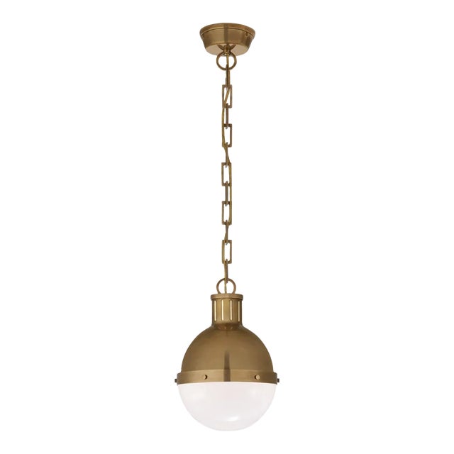 Thomas O'Brien for Visual Comfort Signature Hicks Small Pendant in Hand-Rubbed Antique Brass with White Glass For Sale