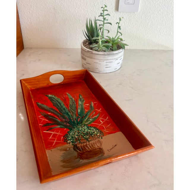 Folk Art 1980s Folk Art Hand Painted Wooden Tray With Inset Handles, Signed by Artist For Sale - Image 3 of 15