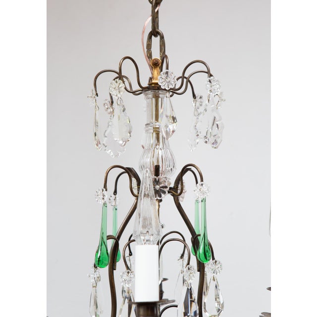 French Chandelier in Brass with Green Crystals, 1920s For Sale - Image 3 of 10