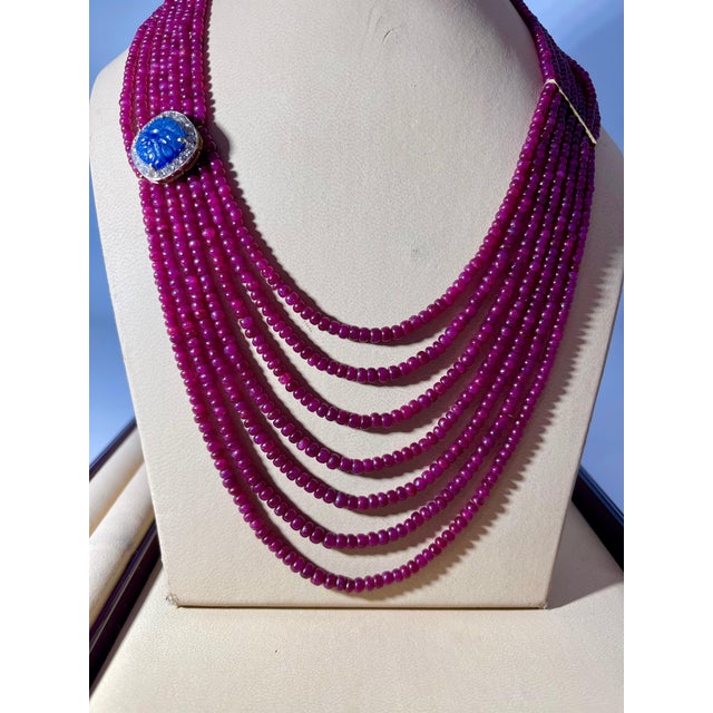 480 Ct 7 Layer Natural Smooth Ruby Bead Necklace 14k Gold Sapphire Diamond Clasp For Sale In New York - Image 6 of 18