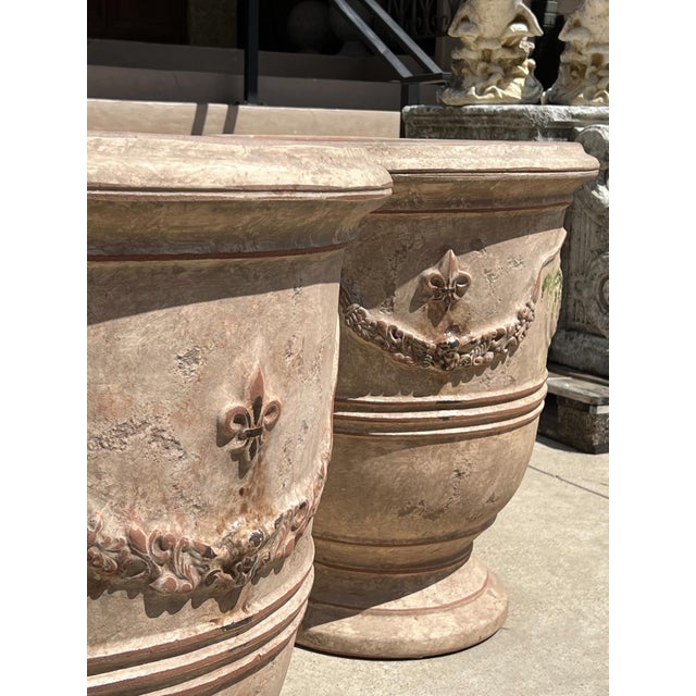 Pair of 31 Inch French Anduze Planters With Antique Patine, Fleur De Lys For Sale - Image 11 of 12