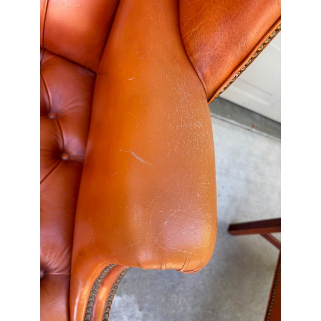 Vintage Chesterfield Georgian Leather Wing Back Button Tufted Chair Ottoman Brass Nailhead For Sale - Image 10 of 16