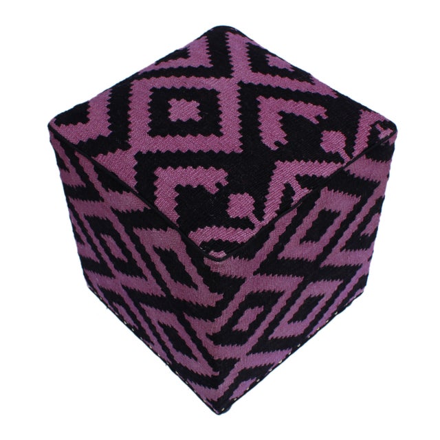 Boho Chic Black/Purple Handmade Kilim Upholstered Ottoman For Sale In New York - Image 6 of 9