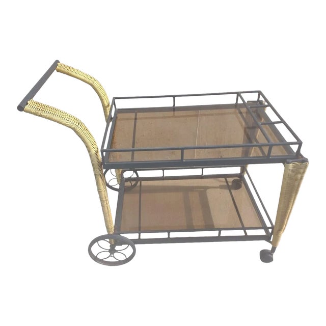 Late 20th Century Rattan, Metal, Glass Bar Cart For Sale