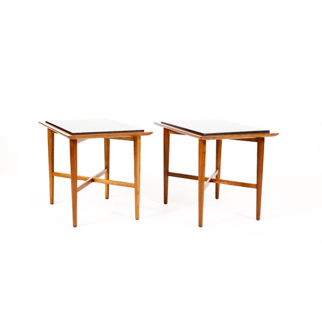 Fine Arts Furniture Co. Mid Century Vintage Side / End Tables — Designed attributed to Milo Baughman - Manufactured by Fine Art Furniture Co— Cherry Frame + Slate — Pair For Sale - Image 4 of 10