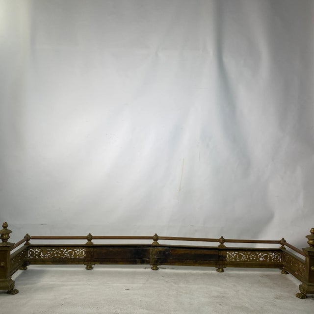Antique Grecian War Scened Floral Pierced Claw Foot Brass Fireplace Fender For Sale - Image 11 of 13