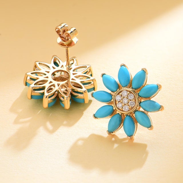 Contemporary Nina Zhou Sunflower Turquoise Diamond Earrings in 14k Gold- Set of 2 For Sale - Image 3 of 5