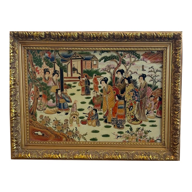 Late 19th Century Japanese Garden Scene Ceramic Painting Handmade Drift Blue Wall Hanging For Sale