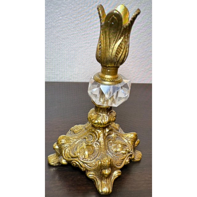 1930s 1930s Hollywood Regency 7" Brass and Cut Glass Crystal Candle Holders - A Pair For Sale - Image 5 of 5