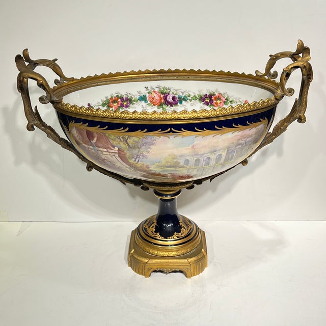 French 19th Century French Sevres Louis XV Style Porcelain Gilt Bronze Centerpiece Bowl For Sale - Image 3 of 15