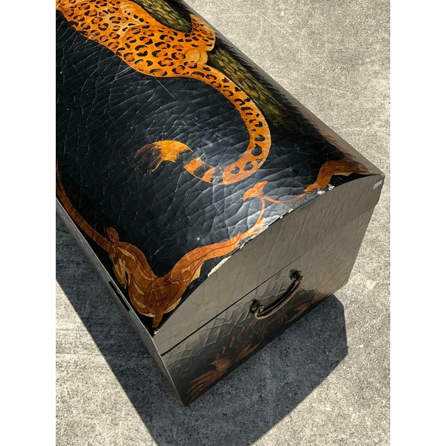 Vintage Crackle Finish Lounging Tiger Trunk For Sale - Image 9 of 12