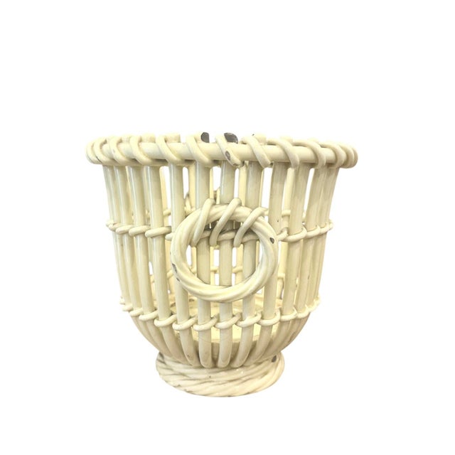Vintage English Creamware Ivory Woven / Open Weave Reticulated Basket / Basketweave Ring Handled Jardiniere / Cache Pot / Cachepot / Planter For Sale In Dallas - Image 6 of 11