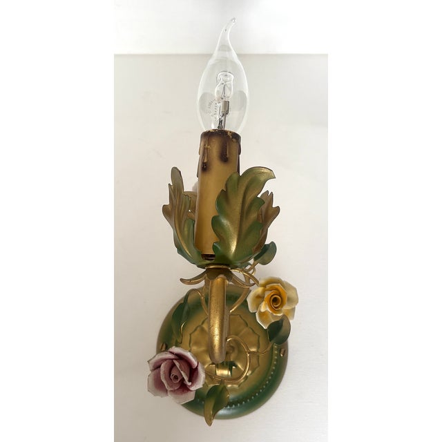 Metal Vintage Italian Metal and Porcelain Rose Wall Lamps from Unbekannt, 1950s, Set of 2 For Sale - Image 7 of 9