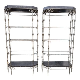 1980s Pr. Of Vintage Silvered Metal Faux Bamboo Light Etageres Dcota Label / Shelving Units For Sale