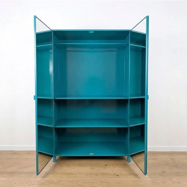 Industrial Turquoise Metal Wardrobe with Aged Mirrors, 2000s For Sale - Image 3 of 8