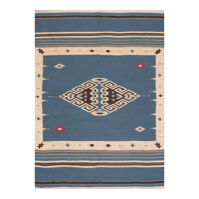 1940s Gray Tribal Medallion Antique Mexican Chimayo Flat Weave 4'8" X 6'8" Flatweave Wool Carpet For Sale