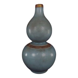 Vintage Chinese Ru Ware Style Gourd Vase With Metal Bound Rim For Sale