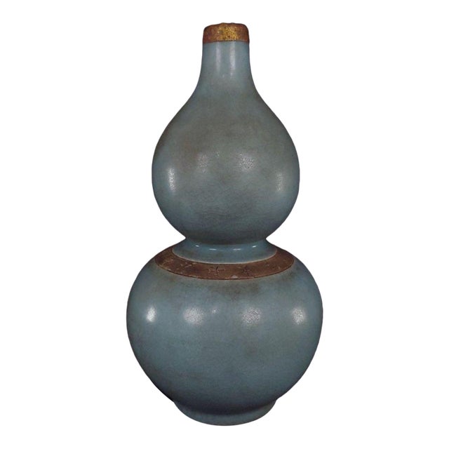 Vintage Chinese Ru Ware Style Gourd Vase With Metal Bound Rim For Sale