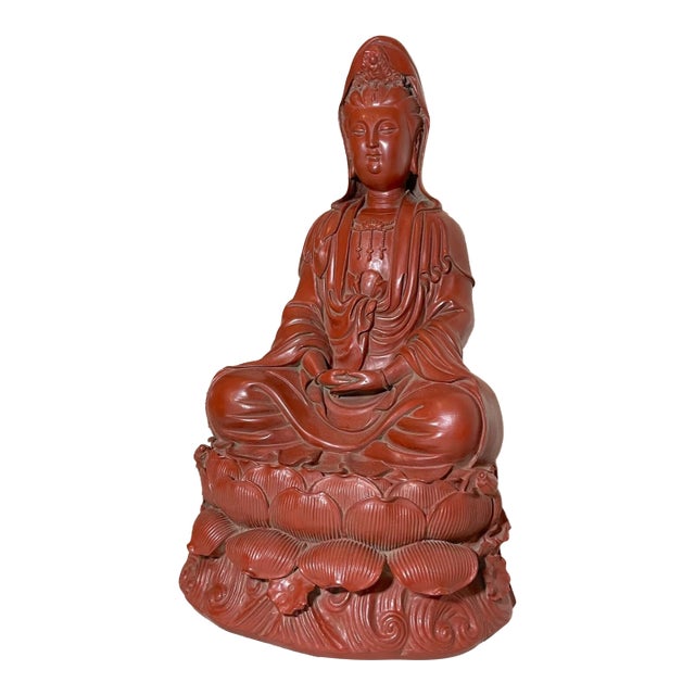 Large Antique Chinese Signed Guanyin Red Lacquer Cinnabar Statue Sculpture For Sale