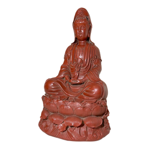 Large Antique Chinese Signed Guanyin Red Lacquer Cinnabar Statue Sculpture
