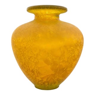 Hand-Blown Amber Studio Art Glass Vase With Internal Crystalline Feathering For Sale