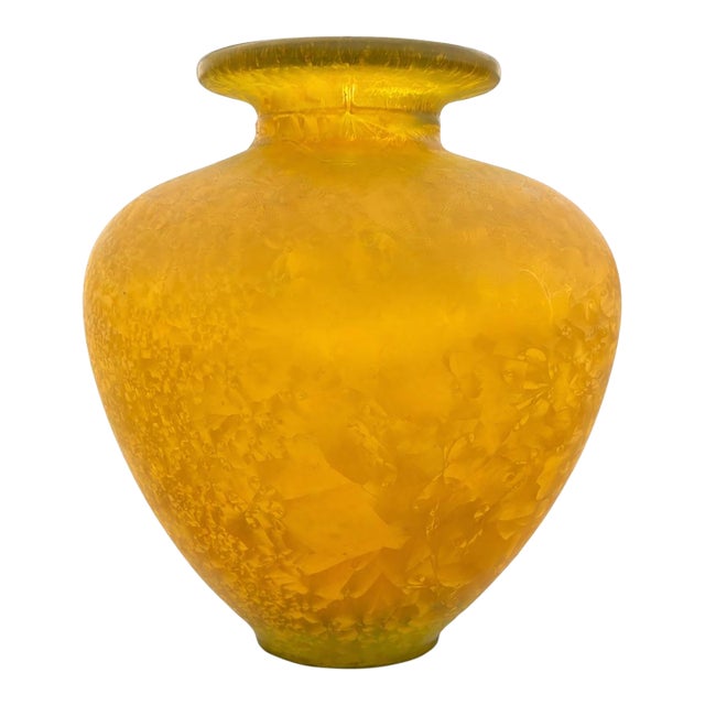 Hand-Blown Amber Studio Art Glass Vase With Internal Crystalline Feathering For Sale