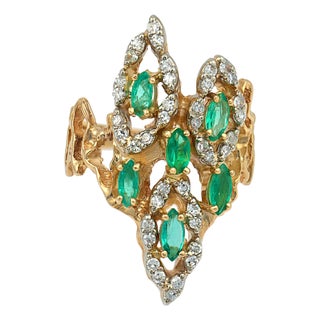 Vintage Emerald Diamond 14k Yellow Gold Cocktail Ring, Size 8.5 For Sale