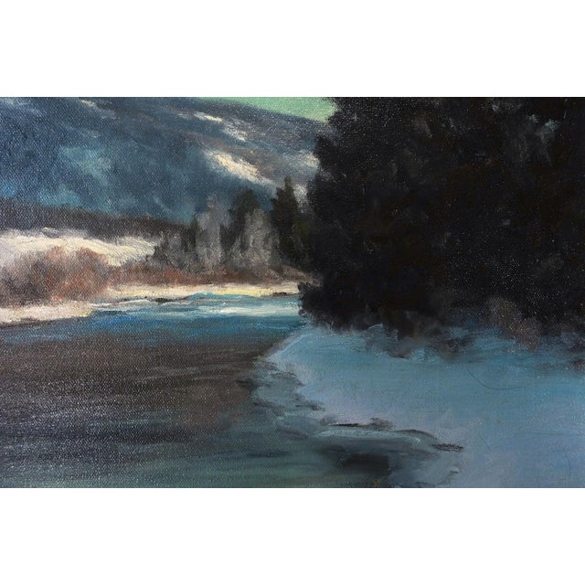 An original oil painting by Stephen Day, titled "River View - Winter" and dated 2000. A partly frozen river bends through...