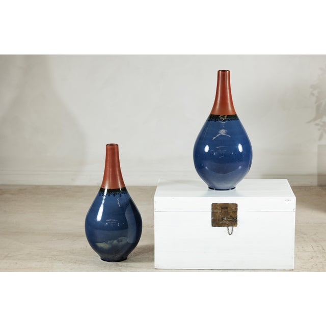 Large Artisan Teardrop Ceramic Vases in Deep Blue and Terracotta Glaze - A Pair For Sale - Image 18 of 18