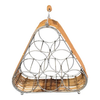 Vintage Triangle Mid-Century Modern Bamboo & Metal 6 Bottle Wine Rack For Sale