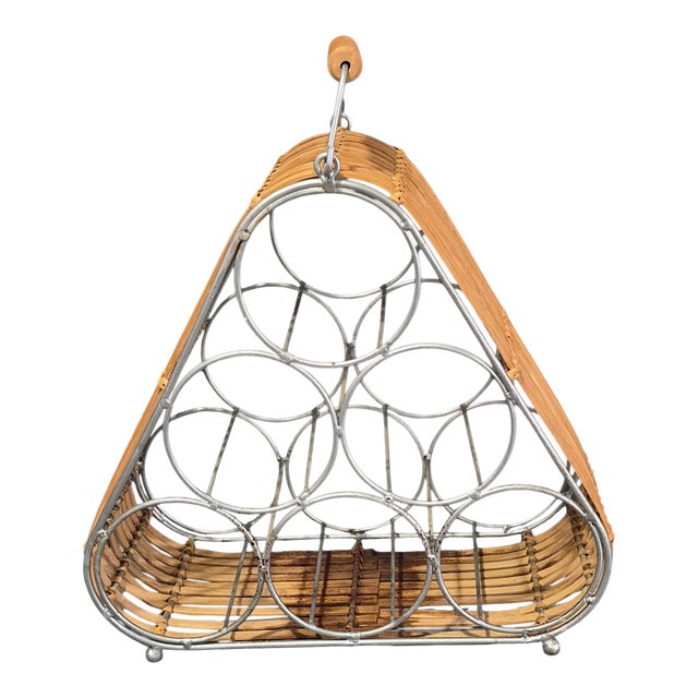 Vintage Triangle Mid-Century Modern Bamboo & Metal 6 Bottle Wine Rack For Sale