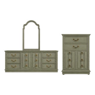 Vintage Sagewood Green Lowboy Dresser & Tallboy Bedroom Suite With Mirror – Solid Wood Pair For Sale