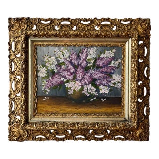 Lilac Still-Life Oil Painting in Ornate Antique Gilt Frame by Alexandrov 1983 For Sale