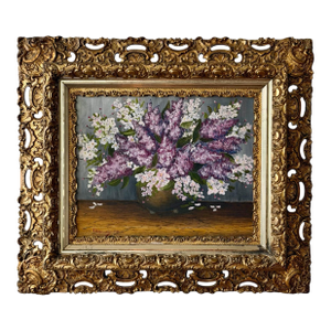 Lilac Still-Life Oil Painting in Ornate Antique Gilt Frame by Alexandrov 1983