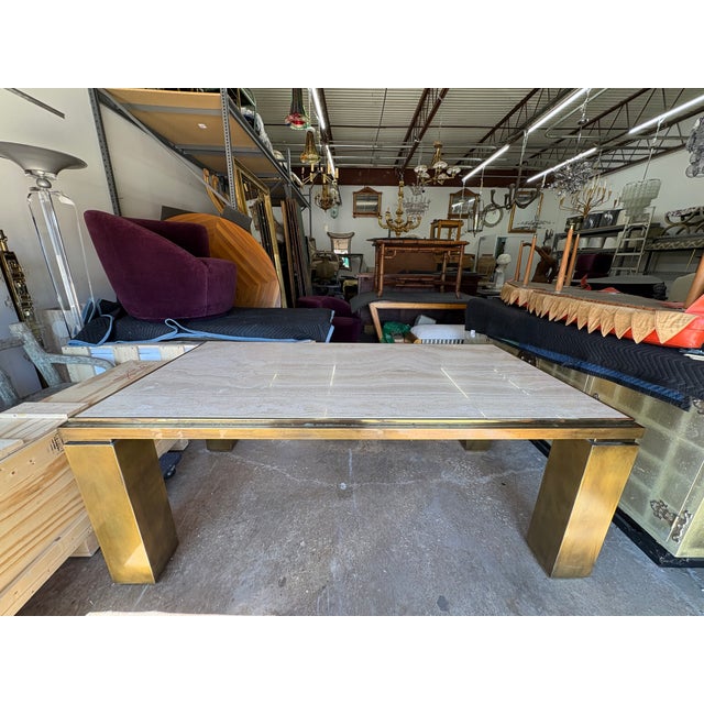1970s French Modern Brass and Travertine Dining Table For Sale - Image 13 of 18