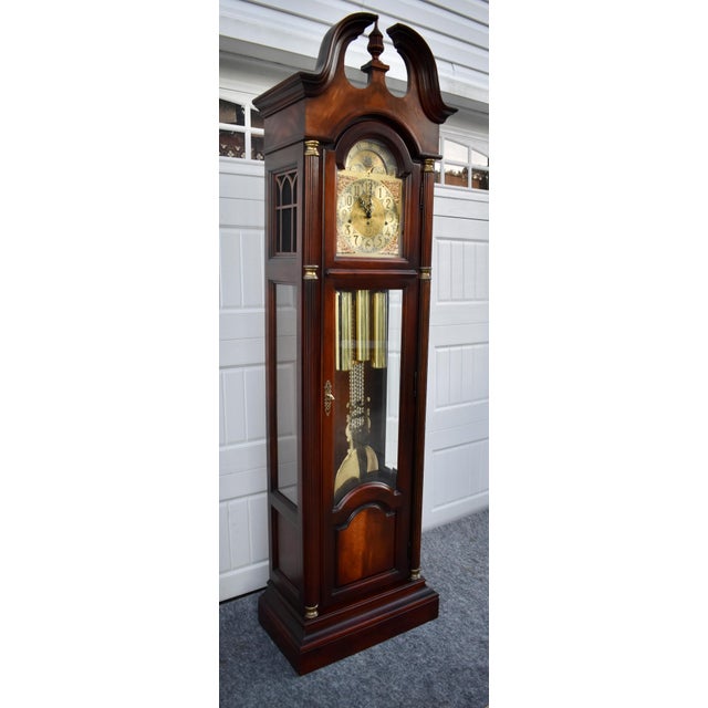 Howard Miller Howard Miller Mahogany Grandfather Clock Triple Chime Mechanical Floor Clock 80s For Sale - Image 4 of 16