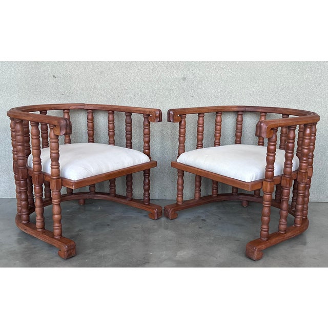 Pair of Spanish Slatted Barrel Back Hand Carved Chairs For Sale - Image 6 of 13