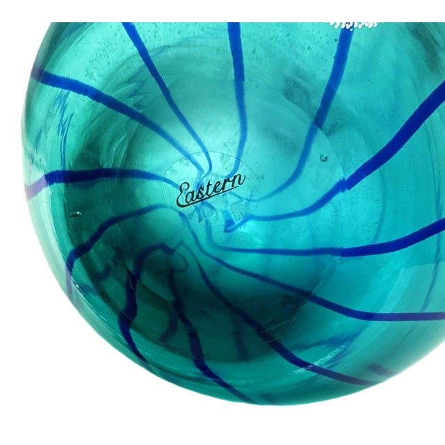 Aqua Late 20th Century Hand‑Blown Aqua & Cobalt Art Glass Ruffled Rim Vase For Sale - Image 8 of 8