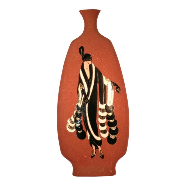 1990s Art Deco Style Hand Painted Ceramic Vase For Sale