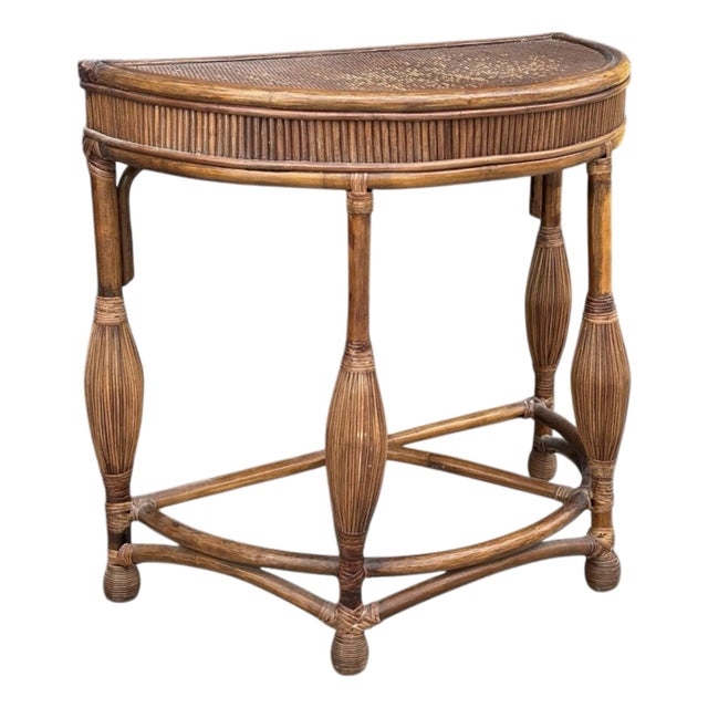 1970's Demilune Bamboo and Rattan Hall Table For Sale