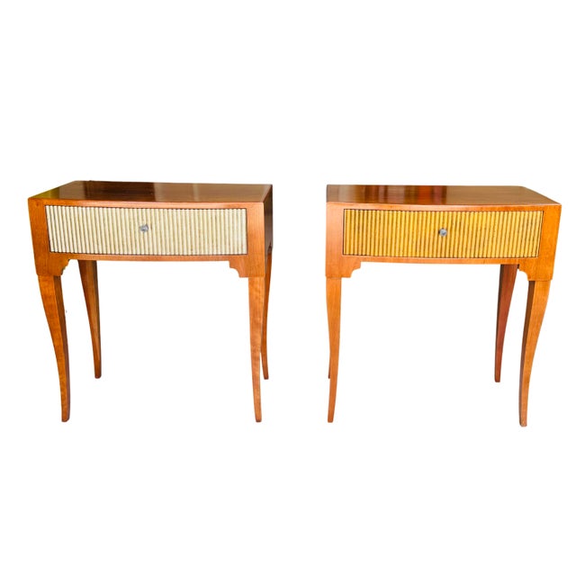 Vintage Baker Furniture French Regency Side Tables, Pair | Mid-Century Cherry Demilune Nightstands With Gilt Reeded Drawers For Sale - Image 14 of 15