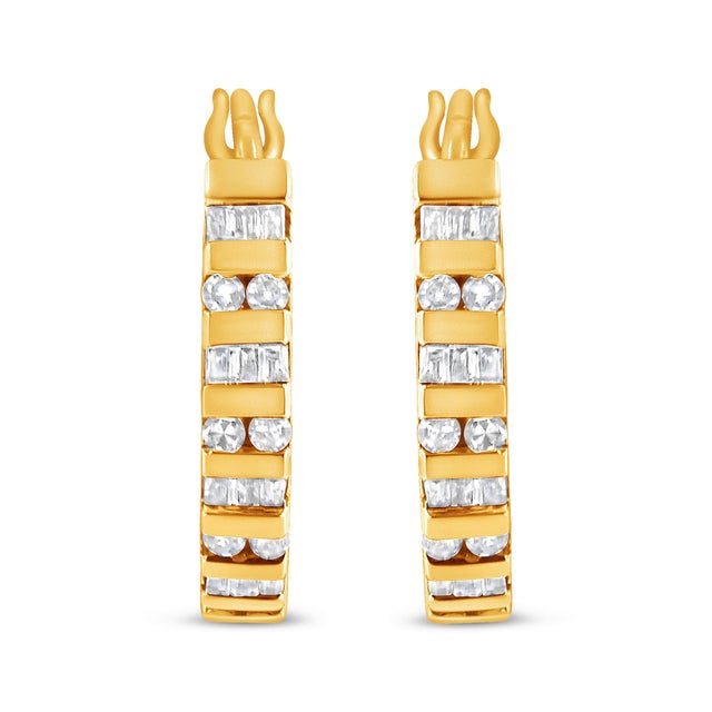 Accentuated by stunning baguette diamonds, these hoop earrings are ready to bring a touch of elegance to your look. Made...