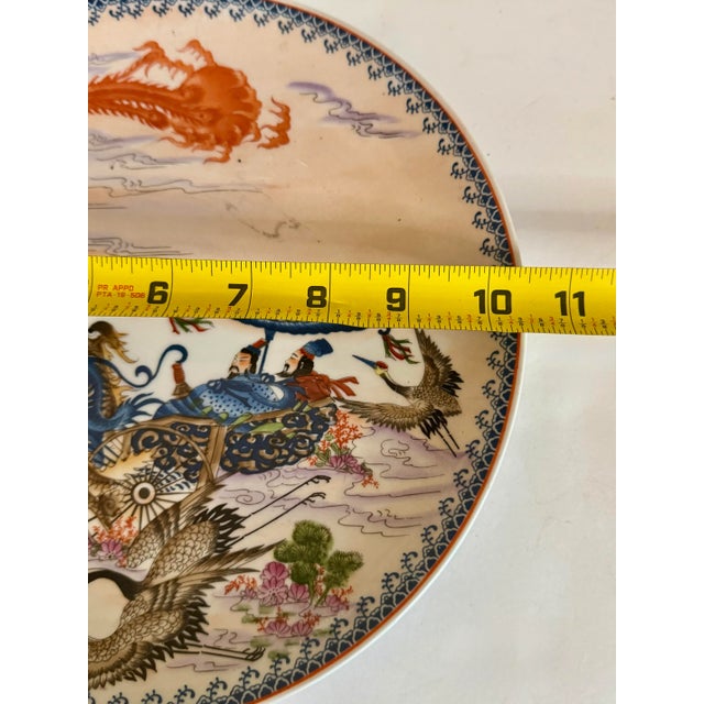 Chinoiserie Vintage Chinoiserie Porcelain Handpainted Wall Plate Numbered 1092 Wall Decor the Dragon Chariot For Sale - Image 3 of 10
