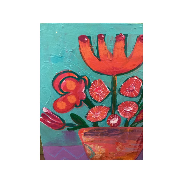 Abstract Floral Still Life Painting, Colorful Modern Vase Art, MCM Style, Original 8x8 For Sale - Image 4 of 8