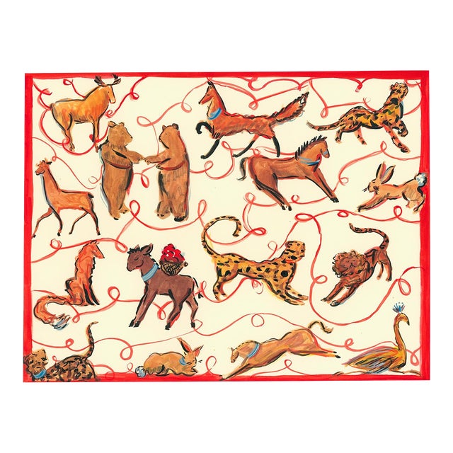 Animals With Red Ribbons Figurative Contemporary Original Watercolor by Pauline De Roussy De Sales For Sale